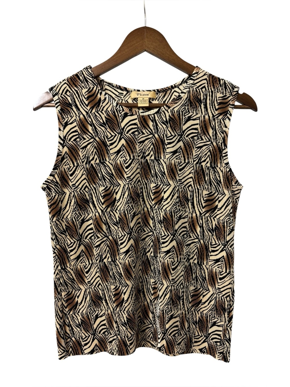 90s Vintage camel black animal abstract print accordion stretch sleeveless Top M